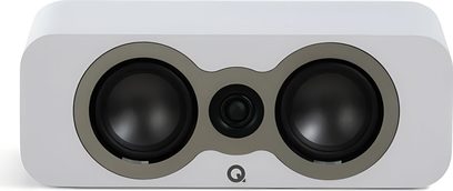 Q Acoustics 3090c white center speaker, rectangular wooden cabinet with matte finish and rounded edges, front view with two black woofers positioned around a central tweeter and Q logo below the speaker grille