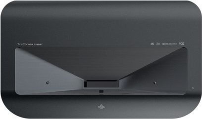 Videoprojektor laser Tri-Chroma AWOL LTV-3500 PRO v matné černé barvě, pohled zepředu, horizontální obdélníkový formát, přední mřížka