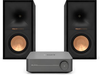 WiiM Amp hi-fi-anlæg med to sorte Klipsch Reference-højttalere med kobberfarvet højttaler set forfra