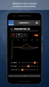 Smartphone zobrazující rozhraní nastavení subwooferu SVS Subwoofer 1 s parametrickým ekvalizérem a posuvníky pro frekvenci, boost a faktor Q