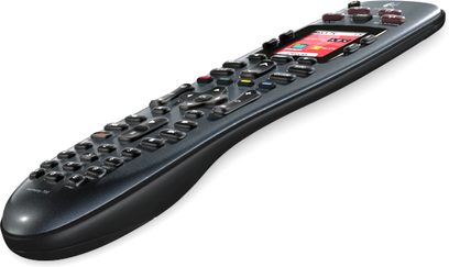 Zwarte Logitech Harmony 700 universele afstandsbediening bovenaanzicht, kleurenscherm, verlichte toetsen