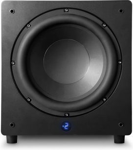 Velodyne Impact X10 subwoofer i mat sort kubisk kabinet med cirkulær sort højttaler på fronten og gummifødder