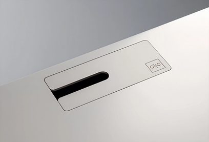 Clic Classic Series Model 24 audio-video cabinet, matte white smooth top, cable pass-through flap, top view
