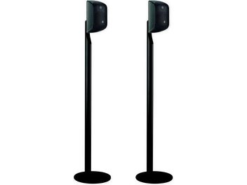 To sorte Bowers & Wilkins FS-M1 MK2 gulvhøjttalere, set forfra, i metal, med rund base og tynd, lodret stang
