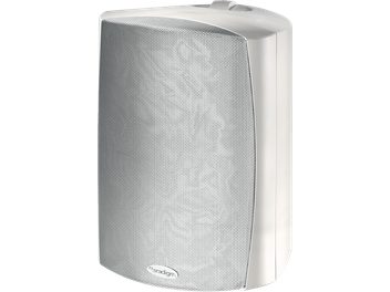 Caixa de som externa Paradigm Stylus 370 branca, vista em perspectiva, grade perfurada cobrindo a parte frontal, gabinete retangular arredondado