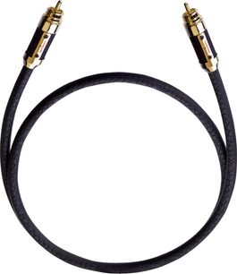 Oehlbach Black Connection digital 1m digitalt coaxialkabel i sort tekstureret plast med cylindriske RCA-stik med guldbelægning, set fra oven