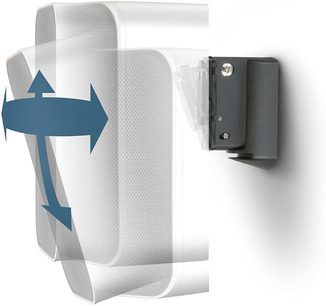 Supporto per diffusore BlueSound WM100-B nero, visto di fronte e di lato, con frecce direzionali blu stampate
