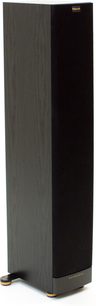 Klipsch RF-42 MkII sort gulvhøjttaler, set forfra med fod, front og højre side synlige, på gyldne stativer
