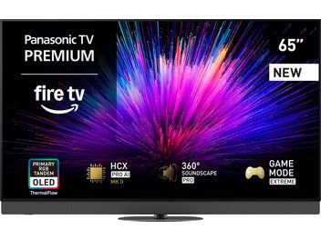 Televizor Panasonic TV-65Z95B v černé barvě, s tenkým kovoplastovým rámem, plochou OLED obrazovkou 65 palců s živými barvami, integrovaným soundbarem v texturovaném spodním pásu, umístěný na centrálním oválném stojanu, pohled zepředu
