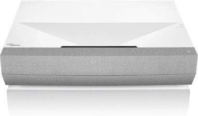 Optoma CinemaX P2 hvid projektor set ovenfra, perforeret ventilationsgitter, Optoma-logo