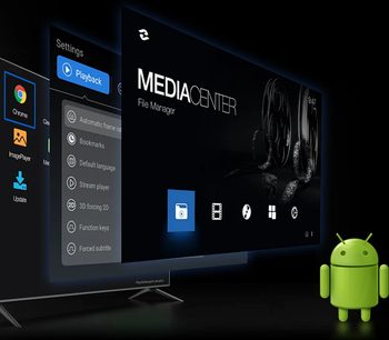 Zidoo Z1000 PRO sort multimedieafspiller, startskærm med menu og ikoner, grøn Android-figur i forgrunden