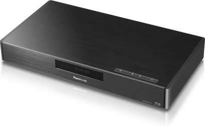 Panasonic DMP-BDT700EF9 sort 4K Blu-ray-afspiller, frontvisning, digitalt display, børstet front, trykfølsomme knapper