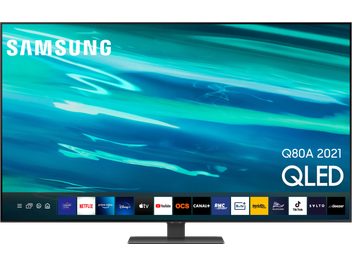 Televizor Samsung QE75Q80A 2021 QLED, plochá obdélníková obrazovka, pohled zepředu, zobrazuje abstraktní tvary v tyrkysově modré barvě