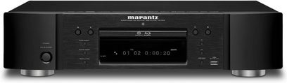 Marantz UD7006 sort 4K Blu-ray-afspiller, frontvisning, digitalt display, knapper og stik på forsiden