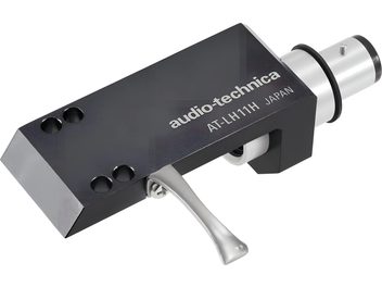 Must peitpea Audio-Technica AT-LH11H, musta värvi ristkülikukujuline metallkorpus valge logoga, hõbedase tooniga hoob ja pistik