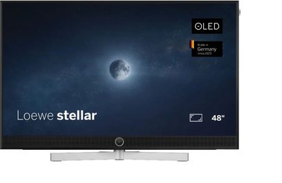 Téléviseur Loewe Stellar 48 pouces noir, vue de face, écran fin avec pied central argenté et barre de son intégrée