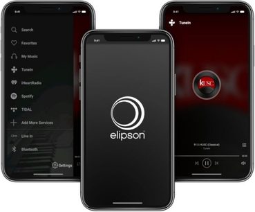 Tre smartphones, der viser kontrolappen til den trådløse, tilsluttede Elipson Planet W35+ højttaler