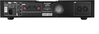 Widok z przodu wzmacniacza mocy Naim Audio NAP 250 z czarną obudową, przyciskami, gniazdami i spiralnym logo