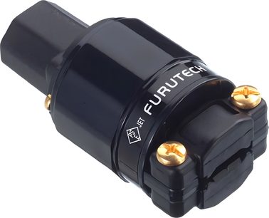 Adattatore di alimentazione Furutech FI-11-N1 (G) nero in plastica, vista a tre quarti, corpo cilindrico, viti dorate