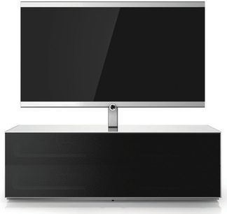Sonorous Elements EX11 skræddersyet TV-møbel, sort og hvid, med fladskærm, set forfra