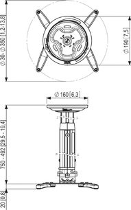 Vogel's PPC 1045 loftbeslag til projektor set ovenfra og fra siden med dimensioner i millimeter