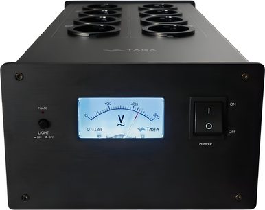 Condizionatore di rete Taga Harmony PC-5000 (2025) nero in metallo spazzolato, voltmetro illuminato, otto prese sulla parte superiore, interruttore