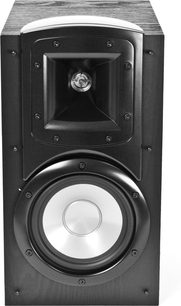Klipsch Synergy B-20 sort bogreolhøjttaler, set forfra, diskant og basenheder synlige bag sort gitter