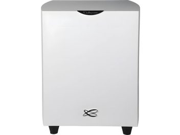 Subwoofer Cabasse Orion w białej matowej obudowie w kształcie sześcianu, z czarnym głośnikiem z przodu i czarnymi nóżkami, widok z przodu