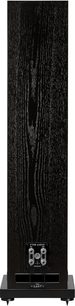 Fyne Audio F501S grindinės garso kolonėlės galinis vaizdas, juodo gysloto medžio faneruotė, dvigubi gnybtai, plyšinis bass-reflexas, smaigčiais tvirtinamas pagrindas