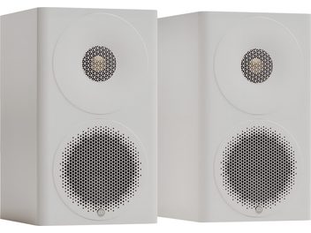 Paire d’enceintes hi-fi compactes Monitor Audio Radius 3 4G blanc satin, vue de face avec grilles circulaires blanches