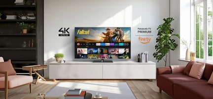 Moderne stue med fladskærms-tv på hvidt møbel, lyserød sofa, sorte hylder, grønne planter, vindue til højre