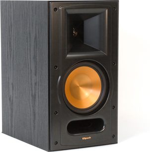 Regálová reprosoustava Klipsch RB-61 MkII černá, pohled zepředu, oranžový reproduktor, černý tweeter, tmavé dřevěné ozvučnice