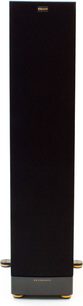 Sort Klipsch RF-62 MkII gulvhøjttaler, set forfra, med forgyldte højttalere og grå metalbase
