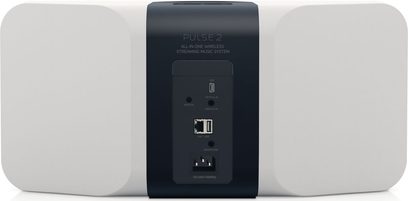 Trådløs tilkoblet BlueSound PULSE 2 høyttaler, hvit, forfra, avrundet rektangulær form, hvit og svart farge