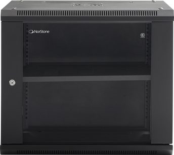 Čierny audiovizuálny rack Norstone Pro Wall Rack 9U s presklenými dverami, zámkom na ľavej strane, vnútornou policou a ventilačnými mriežkami