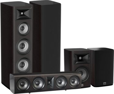 Sæt af JBL Studio 698 gulvhøjtalere i mørk valnød, bestående af to højttalere med 3 diskanter og tre højttalere med 2 diskanter, i mørkt træ