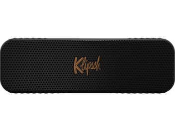 Бездротова підключена колонка Klipsch Detroit, чорного кольору, перфорована решітка, золотий логотип "Klipsch" у центрі, вид спереду
