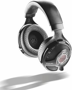 Åbent hi-fi hovedsæt Focal Utopia, set fra venstre profil, sorte og grå perforerede ørekopper, sort læderhovedstykke, synlige transducere