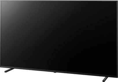 Televisore Panasonic TX-65JX800E, schermo piatto rettangolare nero, vista frontale, posizionato su due piedini metallici