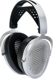 Casco abierto Hifiman Edition XV, plateado y negro, diadema metálica con banda perforada, cápsulas con rejilla, vista en tres cuartos