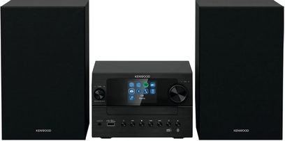 Sort Kenwood M-7100S Hi-Fi-minianlæg med centralt farvedisplay og to matchende højttalere set forfra