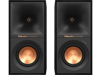 Par de caixas de som de monitoramento ativas Klipsch Reference R-40PM pretas, painel frontal brilhante, woofers de cobre, tweeters