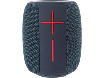 Enceinte bluetooth Yourban Getone 25 bleu, vue de face, surface texturée, boutons rouges en croix, forme cylindrique