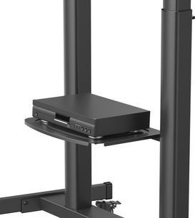 Wandhalterung für Fernseher Norstone Pro Vision Max aus mattschwarzem Stahl, in Dreiviertelansicht mit rechteckiger vertikaler Säule und integrierter horizontaler Ablage