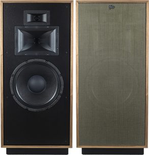 Sloupcový reproduktor Klipsch Forte IV v ořechovém provedení, pohled zepředu, černé reproduktory, zlatá kovová mřížka, tmavá dřevěná skříň