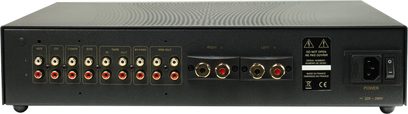 Atoll Electronique IN100SE sort hi-fi stereforstærker, frontpanel med knapper, stik og indikatorer, set forfra