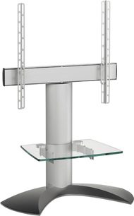 Vogel's EFF 1140 TV-møbelfod i glas og metal, med midterkolonne og to hylder, set forfra