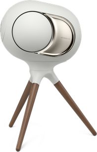 Piede di supporto DEVIALET TREEPOD, finitura Light Pearl, treppiede in legno con mozzo bianco, vista a tre quarti