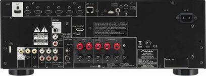 Pioneer VSX-827 sort home cinema-forstærker, bagside, lyd-/videotilslutninger, HDMI-porte, RCA-stik, Ethernet, FM-antenne