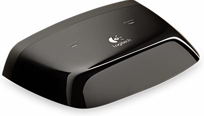 Svetleč črn ohišje Logitech IR Extender System, podolgovate zaobljene oblike, z belim logotipom na vrhu